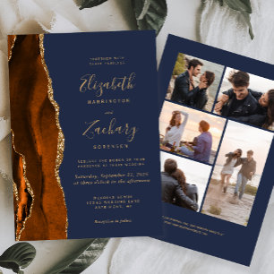 5-Photo Burnt Orange Gold Agate Navy Blue Wedding Invitation