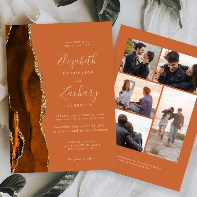5-Photo Burnt Orange Gold Agate Tan Wedding Invitation (Creator Uploaded)