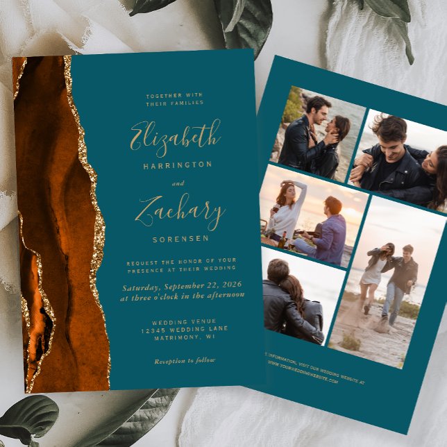 5-Photo Burnt Orange Gold Agate Teal Wedding Invitation (Creator Uploaded)