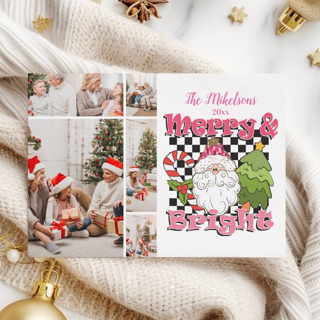  5 Photo Chequered Merry & Bright Christmas Holiday Card (Creator Uploaded)