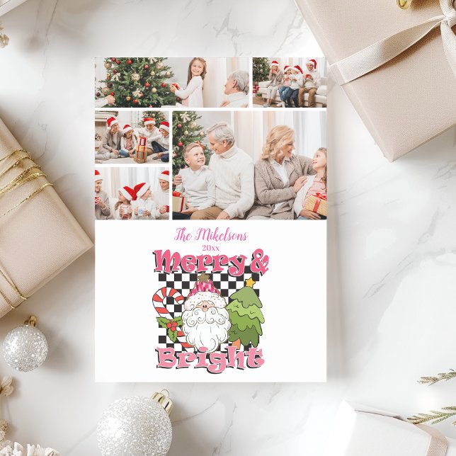 5 Photo Chequered Merry & Bright Christmas Holiday Card (Creator Uploaded)