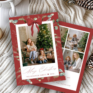 5 photo Christmas greenery red bow Merry Christmas Holiday Card