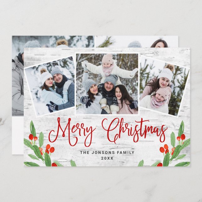 5 PHOTO Christmas Rustic Birch Bark Greeting Holiday Card (Front/Back)