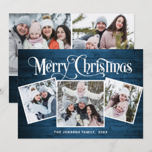 5 PHOTO Christmas Rustic Blue Wood Greeting Holiday Card