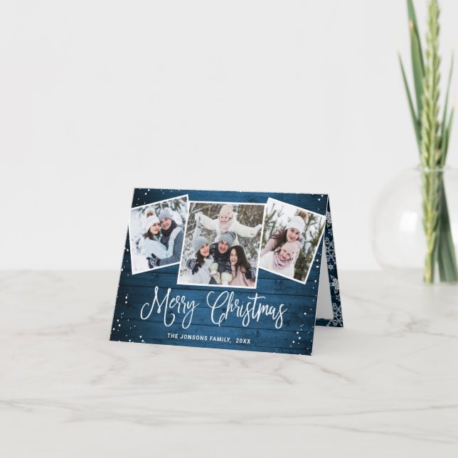 5 PHOTO Christmas Rustic Blue Wood Greeting Holiday Card (Front)