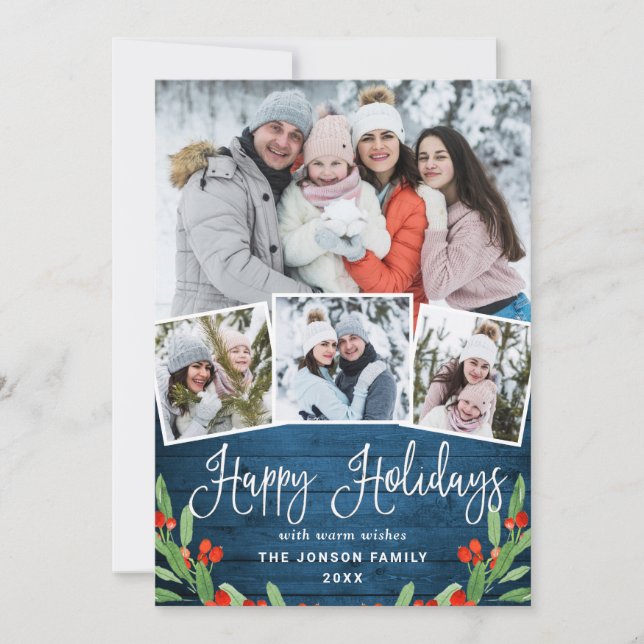 5 PHOTO Christmas Rustic Blue Wood Greeting Holiday Card (Front)