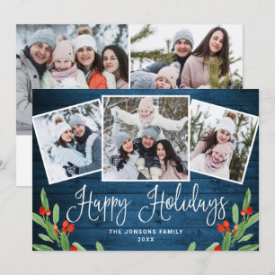 5 PHOTO Christmas Rustic Blue Wood Greeting Holiday Card