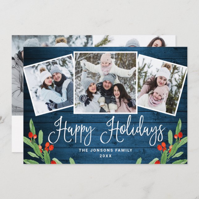 5 PHOTO Christmas Rustic Blue Wood Greeting Holiday Card (Front/Back)