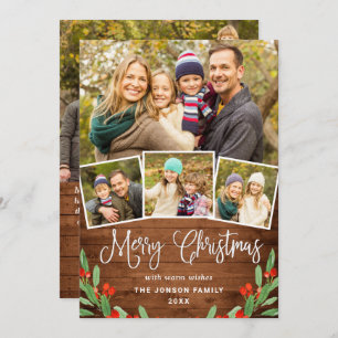 5 PHOTO Christmas Rustic Brown Wood Greeting Holiday Card