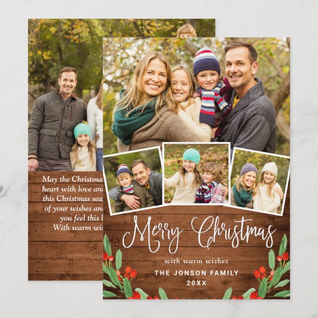 5 PHOTO Christmas Rustic Brown Wood Greeting Holiday Card (Front/Back)