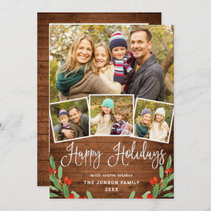 5 PHOTO Christmas Rustic Brown Wood Greeting Holiday Card