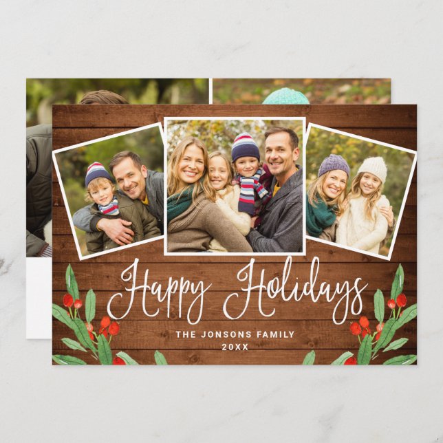 5 PHOTO Christmas Rustic Brown Wood Greeting Holiday Card (Front/Back)