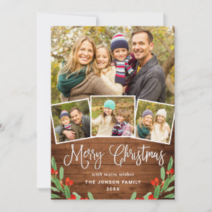 5 PHOTO Christmas Rustic Brown Wood Greeting Holiday Card