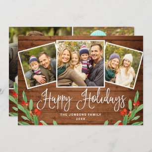 5 PHOTO Christmas Rustic Brown Wood Greeting Holiday Card