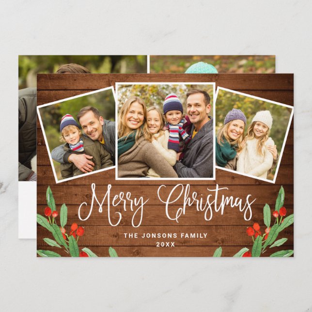 5 PHOTO Christmas Rustic Brown Wood Greeting Holiday Card (Front/Back)
