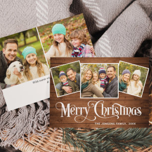 5 PHOTO Christmas Rustic Brown Wood Greeting Holiday Card