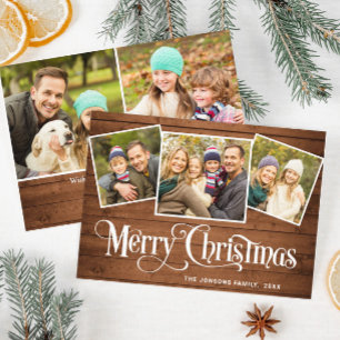 5 PHOTO Christmas Rustic Brown Wood Greeting Holiday Card