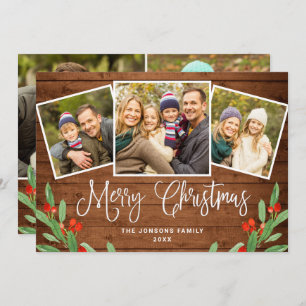 5 PHOTO Christmas Rustic Brown Wood Greeting Holiday Card