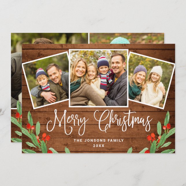 5 PHOTO Christmas Rustic Brown Wood Greeting Holiday Card (Front/Back)