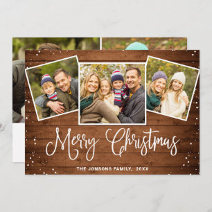 5 PHOTO Christmas Rustic Brown Wood Greeting Holiday Card