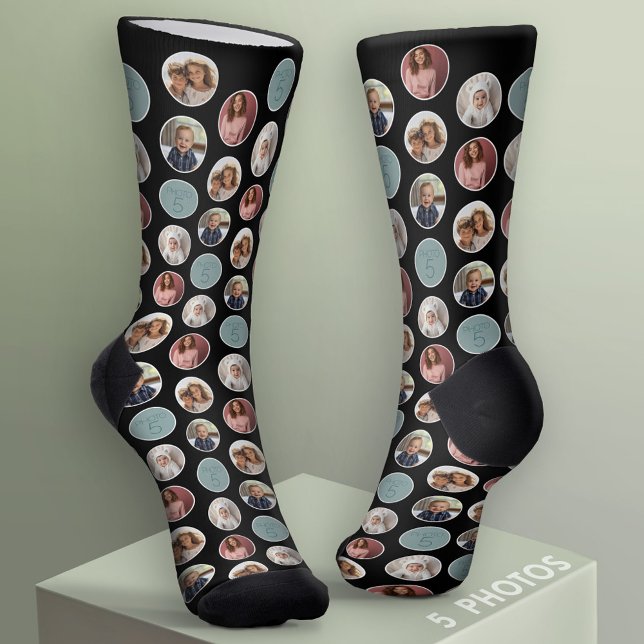 5 Photo Circle Border Collage - Black White Socks (Custom Socks with Photo Collage)