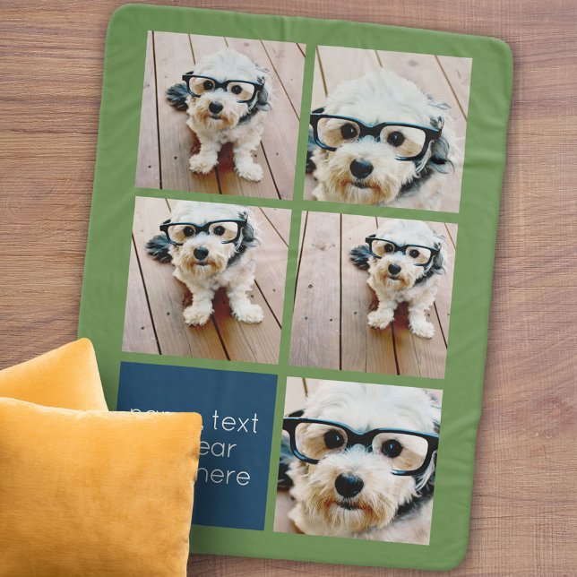 5 Photo Collage and text colour block - blue green Sherpa Blanket (Personalized sherpa blanket with photos and text)