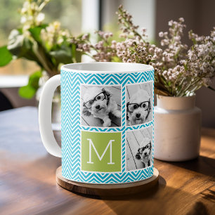 5 Photo Collage - Aqua Blue and Lime Monogram Coffee Mug
