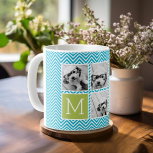 5 Photo Collage - Aqua Blue and Lime Monogram Coffee Mug