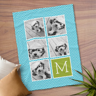 5 Photo Collage - Aqua Blue and Lime Monogram Fleece Blanket