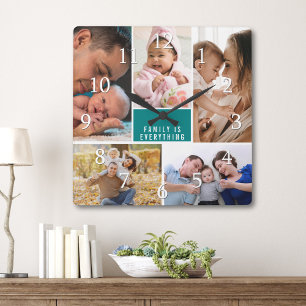 5 Photo Collage Family Is Everything Quote Teal Square Wall Clock
