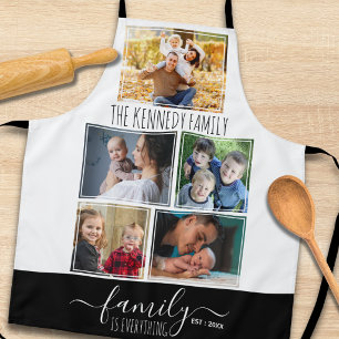 5 Photo Collage Family Name Quote Black And White Apron