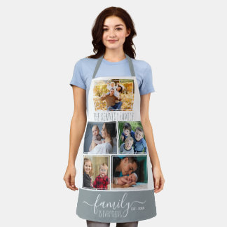 5 Photo Collage Family Name Quote Grey And White Apron