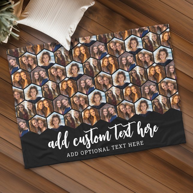 5 Photo Collage Funky Hexagon Pattern - black Fleece Blanket (Personalized fleece blanket with 5 photos and custom text)