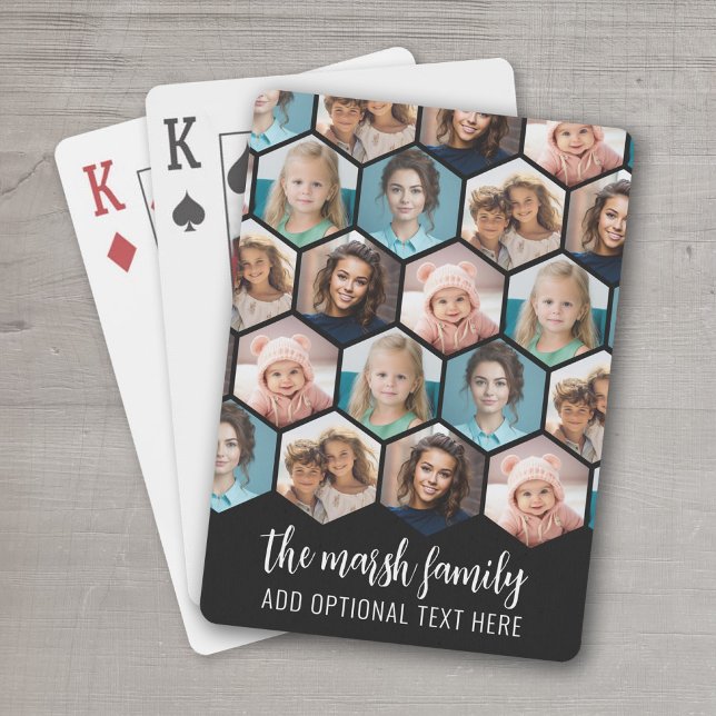 5 Photo Collage - funky hexagon pattern - black Playing Cards (Personalized Playing Cards - add your photos and text)