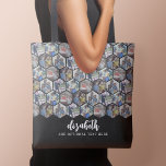 5 Photo Collage - funky hexagon pattern - black Tote Bag<br><div class="desc">A crazy pattern with your favourite photos on a black background and your name in white. The photos are hexagon shaped and in a rndom pattern to make a crazy design. -- Use your SQUARE photos for the best results! To change the background colour - click on the customise or...</div>