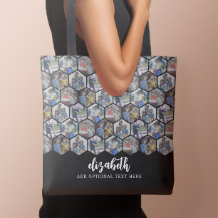 5 Photo Collage - funky hexagon pattern - black Tote Bag