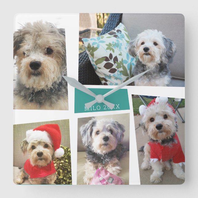 5 Photo Collage Funky Mid Century Modern Angles Square Wall Clock (Front)