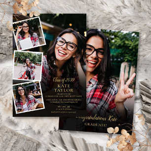 5 Photo Collage Gold Graduation Party Invitation