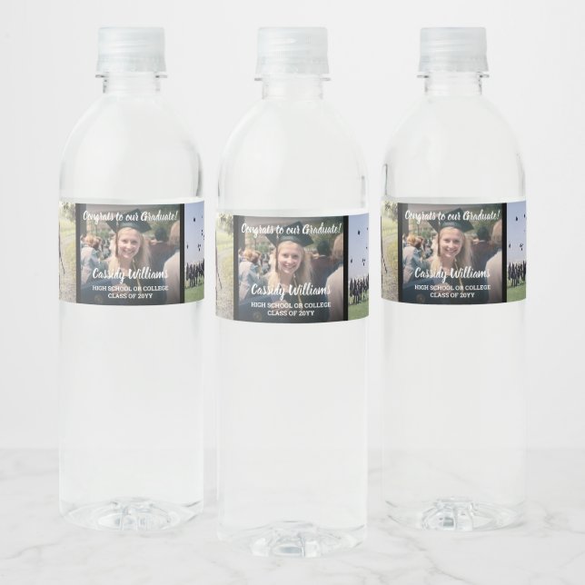 5 Photo Collage Graduation Congrats Elegant Script Water Bottle Label (Bottles)