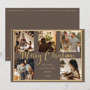 5 Photo Collage Merry Christmas Gold Holiday Card