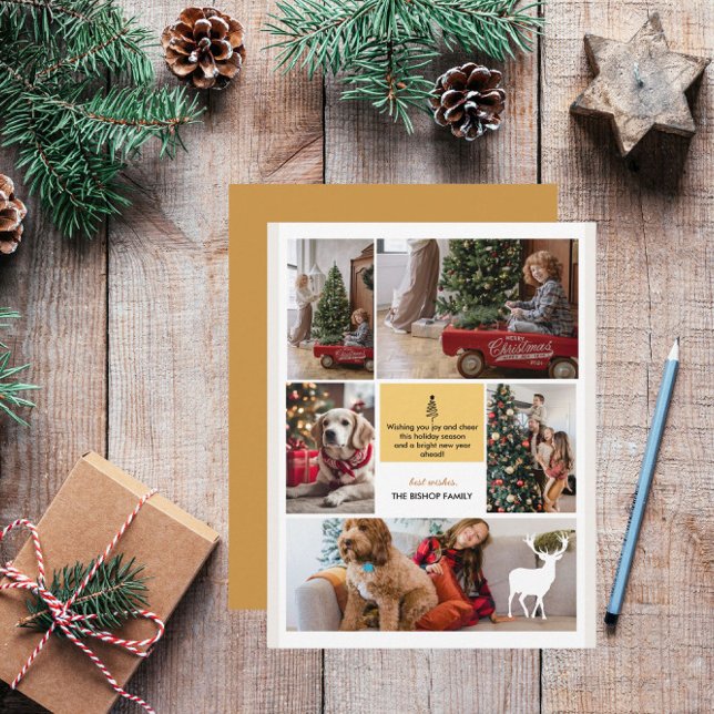 5 Photo Collage Merry Christmas Script Greeting Holiday Card (Creator Uploaded)