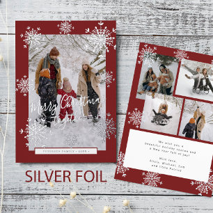 5 photo collage Merry Christmas silver snowflakes  Foil Holiday Card