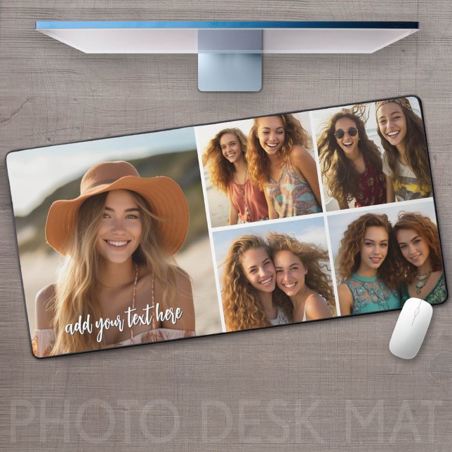 5 Photo Collage - Mod Minimal with Script Text Desk Mat (Custom Photo Desk Mat - Add your pics and make a great gaming or home office desk pad!)