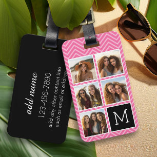 5 Photo Collage Monogram - Black and Hot Pink Luggage Tag