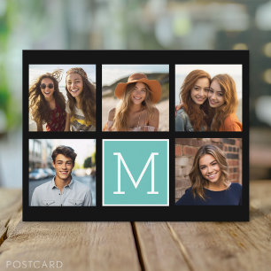 5 Photo Collage Monogram - Black and Teal Postcard