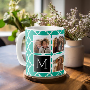 5 Photo Collage Monogram - Emerald Green and Black Coffee Mug