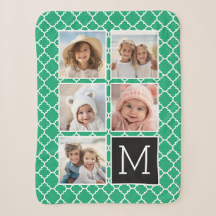 5 Photo Collage Monogram - Emerald Green and Black Sherpa Blanket