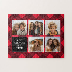 5 Photo Collage - Monogram Red Black Buffalo Plaid Jigsaw Puzzle