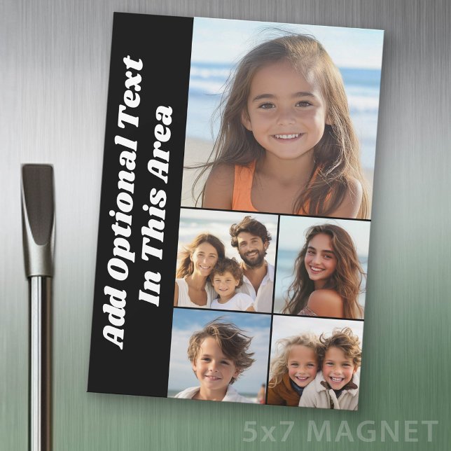 5 Photo Collage Optional Text - Black - Magnet (Photo Magnet - 5x7 size)
