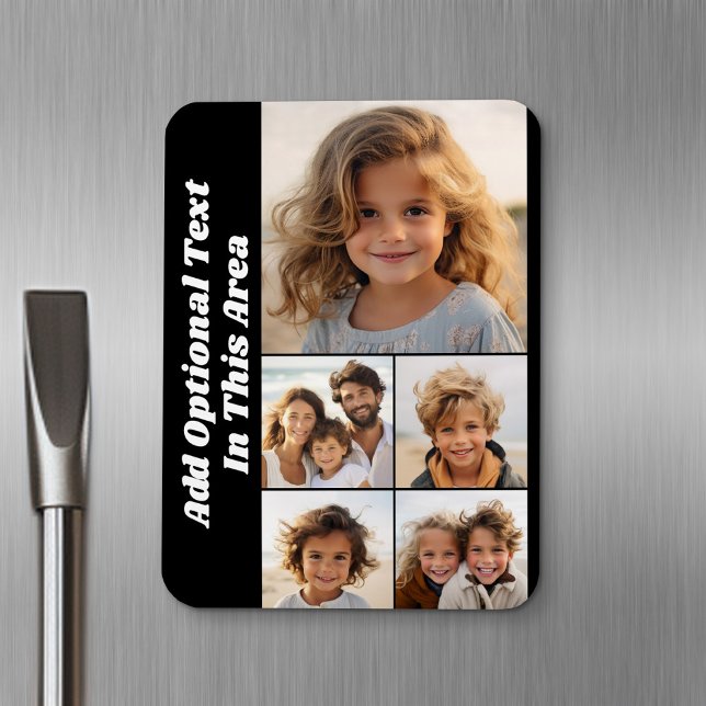 5 Photo Collage Optional Text - can edit black Magnet (Personalized fridge magnet - add photos and custom text)